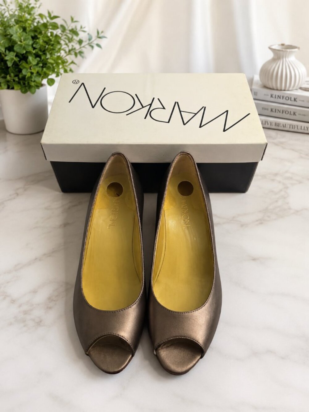 Marron Bello Bronze Peep Toe Wedge Pumps